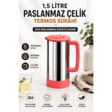 Sas Haus 1,5 Litre Paslanmaz Çelik Termos Sürahi | Tek Basmalı Kapak | Sızdırmaz İçecek Sürahisi | 3 | Kırmızı