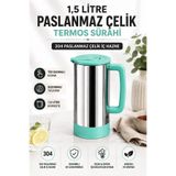Sas Haus 1,5 Litre Paslanmaz Çelik Termos Sürahi | Tek Basmalı Kapak | Sızdırmaz İçecek Sürahisi | 3 | Turkuaz