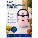 Sas Haus 2 Katlı 1.2 Litre Paslanmaz Çelik Sefer Tası Sızdırmaz Kapaklı Yemek Taşıma Kabı Bento Lunch Box 304, Pudra Pembe