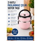 Sas Haus 2 Katlı 1.2 Litre Paslanmaz Çelik Sefer Tası Sızdırmaz Kapaklı Yemek Taşıma Kabı Bento Lunch Box 304, Pudra Pembe