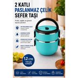 Sas Haus 2 Katlı 1.2 Litre Paslanmaz Çelik Sefer Tası Sızdırmaz Kapaklı Yemek Taşıma Kabı Bento Lunch Box 304, Turkuaz