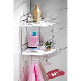 Sas Haus 2 Katlı Kancalı Yapışkanlı Banyo Köşe Rafı – Ayarlanabilir Kristal Raf (Yapıştır/Vidala) Krom-Beyaz