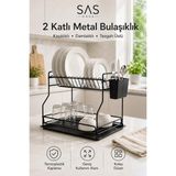 Sas Haus 2 Katlı Metal Bulaşıklık Kaşıklıklı ve Damlalıklı Tezgâh Üstü Bulaşık Kurutmalık Dtb-02 - 30 x 40 cm