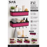 Sas Haus 2’li Beyaz Siyah Hasır Görünümlü Yapışkanlı Banyo Rafı 4 Kancalı Plastik Duş Şampuanlık Organizer - Fuşya