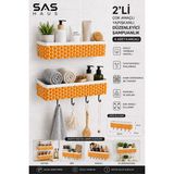 SAS HAUS 2’li Beyaz Siyah Hasır Görünümlü Yapışkanlı Banyo Rafı 4 Kancalı Plastik Duş Şampuanlık Organizer - Turuncu