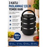 Sas Haus 3 Katlı Paslanmaz Çelik Yemek Kabı 1800 ml Sızdırmaz Kapaklı Taşınabilir Lunch Box - Antrasit - 1,8 lt
