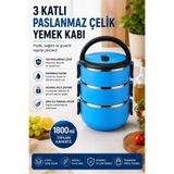 Sas Haus 3 Katlı Paslanmaz Çelik Yemek Kabı 1800 ML Sızdırmaz Kapaklı Taşınabilir Lunch Box, Mavi