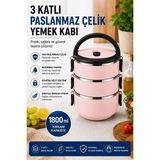 Sas Haus 3 Katlı Paslanmaz Çelik Yemek Kabı 1800 ml Sızdırmaz Kapaklı Taşınabilir Lunch Box - Pembe - 1,8 lt