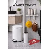 Sas Haus 4 Parça Banyo Aksesuar Seti Yapışkanlı Duvar Rafı 5 Lt Çöp Kovası Tuvalet Fırça Beyaz Titan 7104