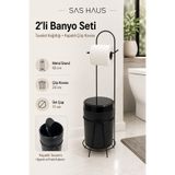 Sas Haus Ayaklı Tuvalet Kağıtlığı Çöp Kovası Seti Siyah Metal WC Kağıtlık Kapaklı Banyo Çöp Kovası 2