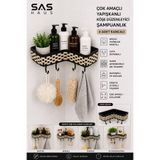 Sas Haus Hasır Görünümlü Yapışkanlı Köşe Şampuanlık 4 Kancalı Plastik Banyo Düzenleyici, Siyah-Bej hasır