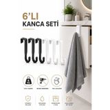 Sas Haus Kapı Üstü Askılık 6'lı Plastik Kanca Seti Havlu Bornoz Çanta Askısı Siyah Beyaz S-161