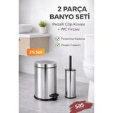 Sas Haus Pedallı 8 Lt Paslanmaz Metal Çöp Kovası ve Tuvalet Fırçası, 2’li Banyo ve Wc Seti – Krom Titan 7108