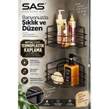 Sas Haus SAS 2’li Köşe Banyo Rafı Siyah – Metal Üzeri Termoplastik Kaplama, Delmeden Yapışkanlı Duş Şampuanlığı