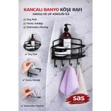 Sas Haus Tekli Yapışkanlı 4 Kancalı Banyo Duş Köşe Rafı – Ayarlanabilir Kristal Raf (Yapıştır/Vidala) Siyah