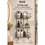 Sas Haus Titan Gri 3 Katlı Yapışkanlı Şampuanlık Termoplastik Kaplama Delmeden Montaj Metal Banyo Ra