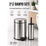 SAS KROM 2'li Banyo Seti Pedallı Çöp Kovası wc Klozet Tuvalet Fırça Seti Banyo Çöp Kovası 3LT Gümüş