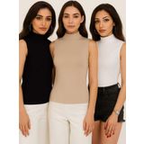 Sashaa Collection Kadın 3'lü Sıfır Kol Kolsuz Body Boğazlı Badi 3 Adet Balıkçı Yaka Siyah - Beyaz - Ten
