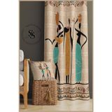 Sasohome Krem Zemin Etnik Afrika Turkuaz Desenli Kadife 140 X 270 Cm Kaliteli - Dijital Baskılı Fon Perde