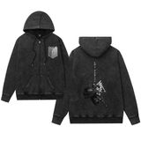 Satdflie Titan Anime Ceket Erkekler Kadınlar için Saldırı Yıkanmış Baskı Fermuar Hoodie Boy Trendy Harajuku Y2k Streetwear, Siyah/7, L