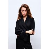 Sateen 1133-1065 Siyah Şal Yaka Korsajlı Kadın Bluz