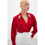 Sateen Aksesuar Detaylı Bodysuit Bluz - Kırmızı
