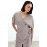 Sateen Bağlamalı Jakarlı Saten Bluz - Vizon
