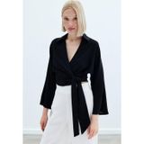 Sateen Bağlamalı Keten Bluz - Siyah