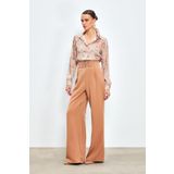 Sateen Bel Aksesuarlı Bol Paça Pantolon - Camel
