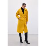 Sateen Beli Bağlamalı Uzun Kaban - Sarı - 38