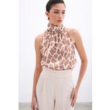 Sateen Boğazlı Kolsuz Bluz - Bej-Camel