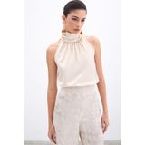 Sateen Boğazlı Kolsuz Bluz - Bej