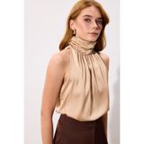 Sateen Boğazlı Kolsuz Bluz - Camel