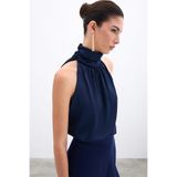Sateen Boğazlı Kolsuz Bluz - Lacivert