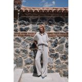 Sateen Çizgili Keten Karışımlı Pantolon, 38, STN139KPA1856, Lacivert, Kadın