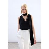 Sateen Dantel Detaylı Bodysuit Bluz, 40, STN139KBL2105, Siyah, Kadın
