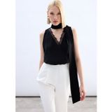 Sateen Dantel Detaylı Bodysuit Bluz - Siyah