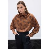 Sateen Degaje Yaka Desenli Bluz - Kahve
