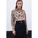 Sateen Degaje Yaka Desenli Bluz - Vizon