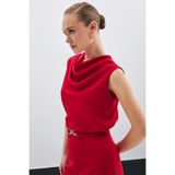 Sateen Degaje Yaka Kolsuz Bluz - Kırmızı