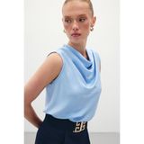 Sateen Degaje Yaka Saten Bluz - Mavi