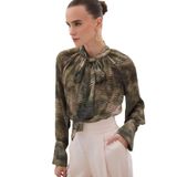 Sateen Desenli Fular Detaylı Bluz, 38, STN139KBL1917, Haki, Kadın