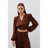 Sateen Desenli Kruvaze Saten Bluz - Kahve