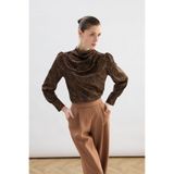 Sateen Drape Detaylı Desenli Bluz - Kahve