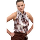 Sateen Drapeli Halter Yaka Desenli Bluz, 38, STN139KBL1981, Kahverengi, Kadın
