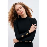 Sateen Düğme Detaylı Crop Bluz - Siyah