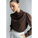 Sateen Düğmeleri Taş Detaylı Bluz - Kahve - 42 - Kahverengi