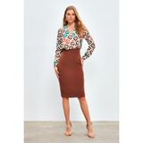 Sateen Düz Kalem Etek - Kahve - 38