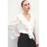 Sateen Fırfır Detaylı Nakışlı Gömlek - Ekru - 42