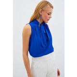 Sateen Fularlı Kolsuz Bluz - Sax Mavi